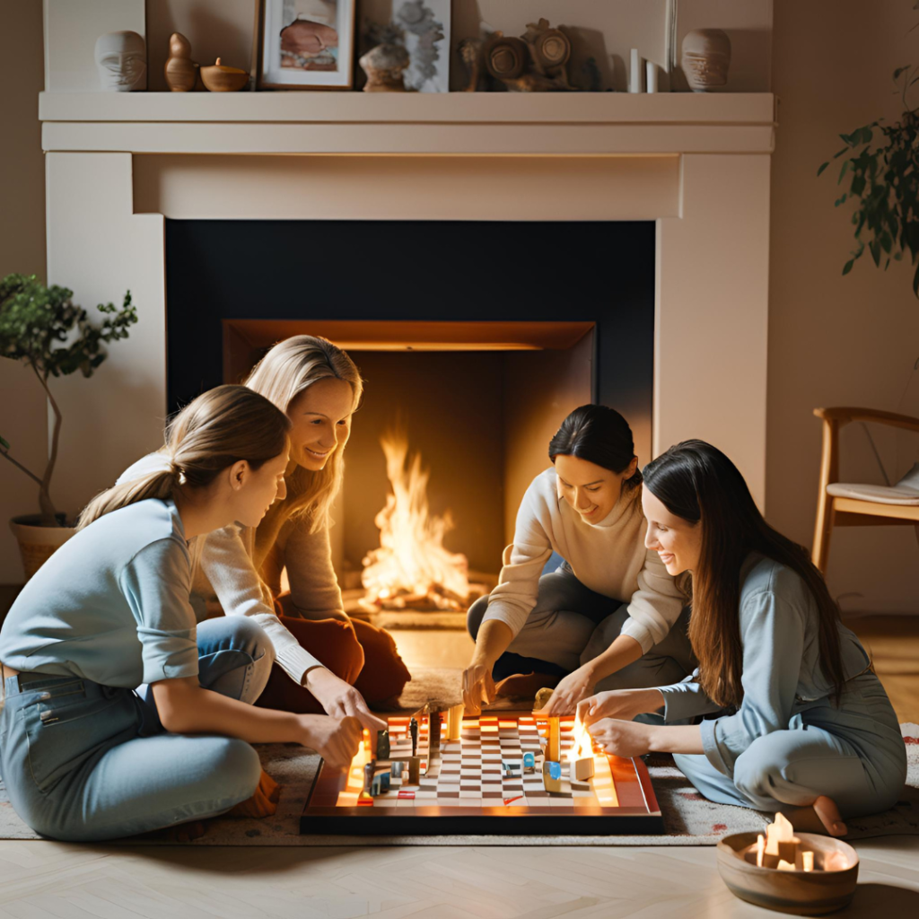 Amigas jugando frente a chimenea. La calefacción no funciona pero sí el agua caliente